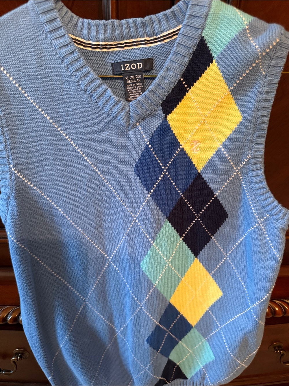Izod Light Blue Argyle V-Neck Sweater Vest with Yellow and Navy Diamonds